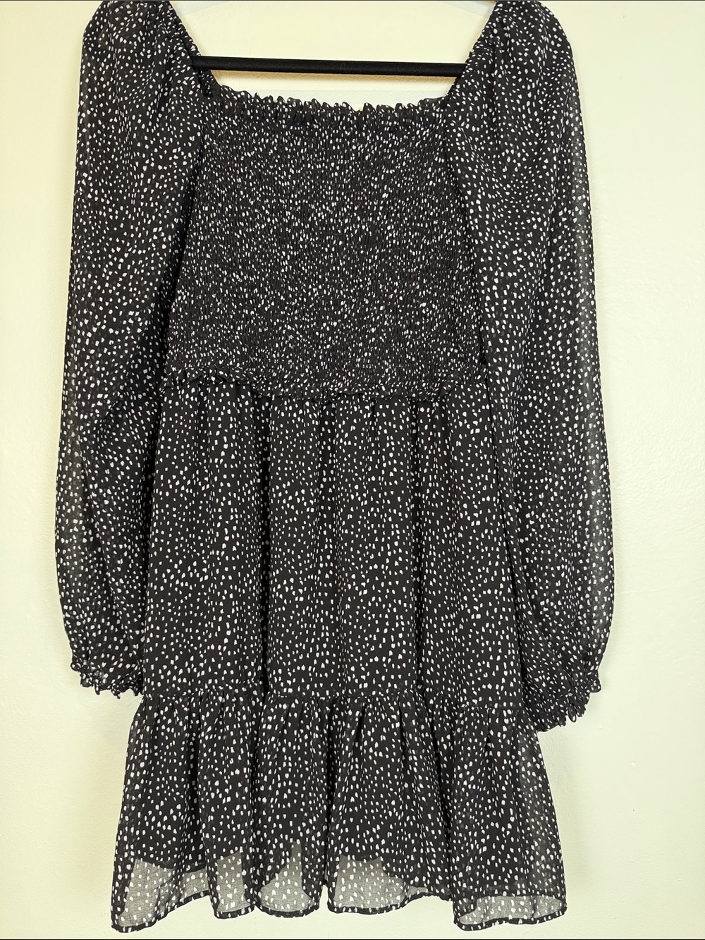 MSK Black Smocked Bodice Tiered Ruffle Mini Ditsy Dots Dress Large EUC
